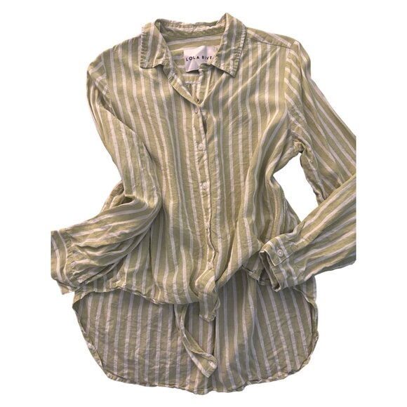 Lola River Green White Striped Button-Down Shirt With Tie-Front  Lightweight - Picture 2 of 14